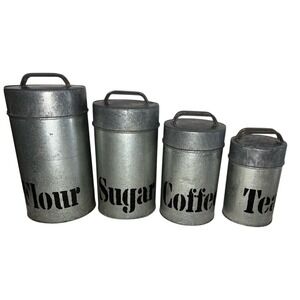 Kitchen Canisters Set Of 4 Glavanized Metal Vandor Japan Vintage Farmhouse *flaw
